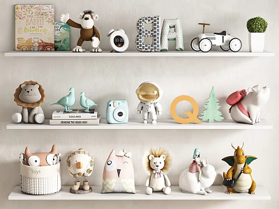 Colorful Stuffed Animal Toys On White Shelves 3d model