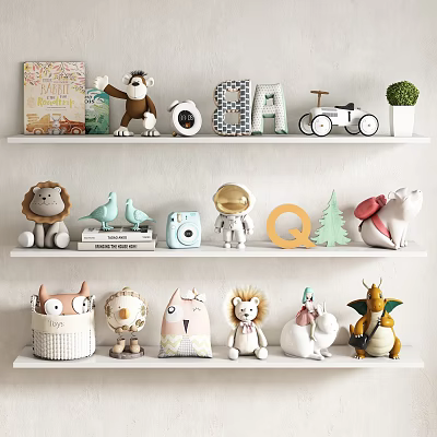 Colorful Stuffed Animal Toys On White Shelves 3d model