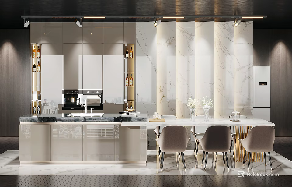 Modern Dining Table Set With Elegant Chairs Marble Backdrop And Ceiling Lights In Kitchen Interior 3d model