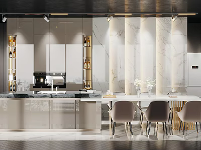 Modern Dining Table Set With Elegant Chairs Marble Backdrop And Ceiling Lights In Kitchen Interior 3d model