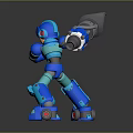 Blue Armored Robot Game Character in Dynamic Battle Stance with Drill Weapon