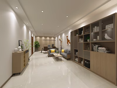 Modern Office Interior With Recessed Lights Wooden Open Shelves Sofa And Plants 3d model