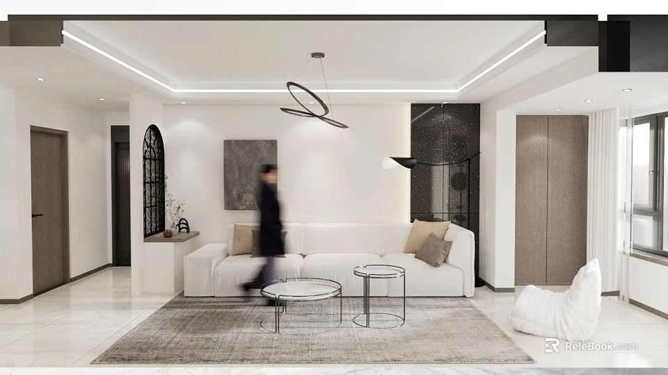 Modern Living Dining Room Interior Design With White Sofa Round Coffee Tables And Pendant Light 3d model 