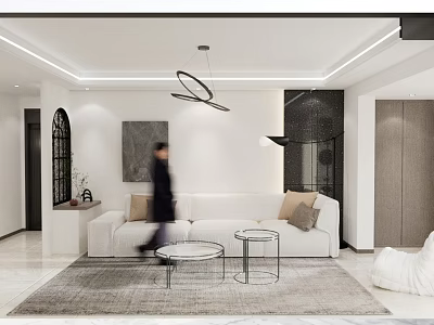 Modern Living Dining Room Interior Design With White Sofa Round Coffee Tables And Pendant Light 3d model