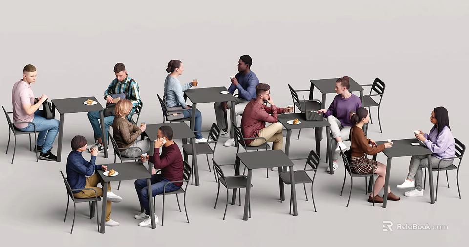 People Sitting at Tables Dining and Chatting in Casual Restaurant Setting 3d model 