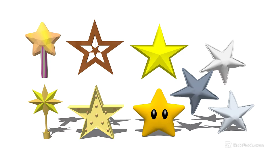 Colorful Decorative Star Models With Various Shapes Smiley Face And Bases 3d model 