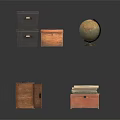 Household Storage Items Including Stacked Black Brown Wooden Boxes And Globe