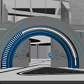 Futuristic Arched Entrance Gate With Blue Illuminated Lines And Modern Tech Design