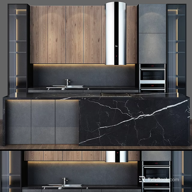 Elegant Modern Kitchen Cabinets With Marble Countertop Wooden Elements And Appliances 3d model 