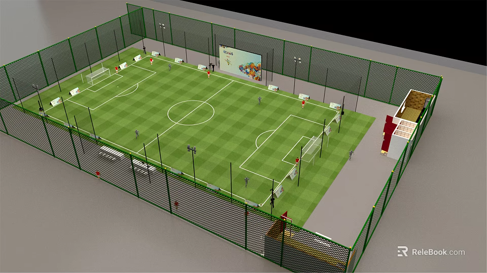 Enclosed Soccer Field With Green Turf Goalposts And Lighting Facilities 3d model 