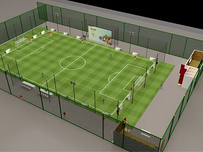 Enclosed Soccer Field With Green Turf Goalposts And Lighting Facilities 3d model