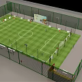 Enclosed Soccer Field With Green Turf Goalposts And Lighting Facilities