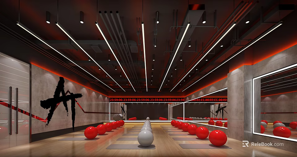 Fitness Gym Space With Red Exercise Balls Mirror Walls Wooden Floor And Graffiti Art 3d model 