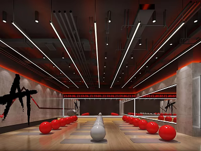 Fitness Gym Space With Red Exercise Balls Mirror Walls Wooden Floor And Graffiti Art 3d model