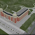 Red Brick School Building With White Accents Tower Design And Green Lawn