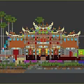 Cartoon Scene of Traditional Temple with Colorful Stalls Green Grass and Palm Trees