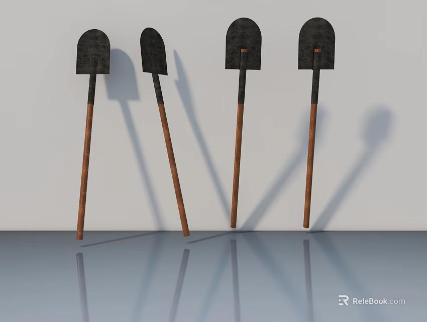 Black Hinged Doors With Wooden Handles Standing Against Wall On Reflective Floor 3d model 