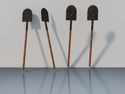 Black Hinged Doors With Wooden Handles Standing Against Wall On Reflective Floor 3d model