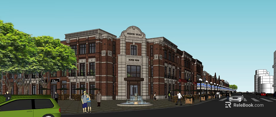 Grand Street Mall Classical Red Brick Building With Fountain Pedestrians And Trees 3d model 