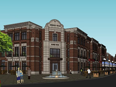 Grand Street Mall Classical Red Brick Building With Fountain Pedestrians And Trees 3d model