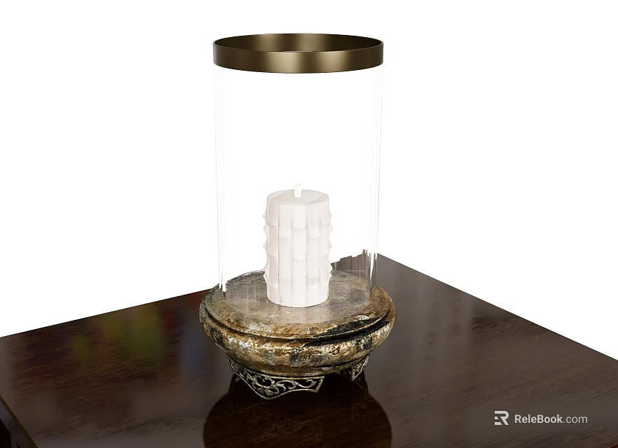 Elegant Candle Lamp With Transparent Glass Shade And Ornate Base Featuring White Candle 3d model 