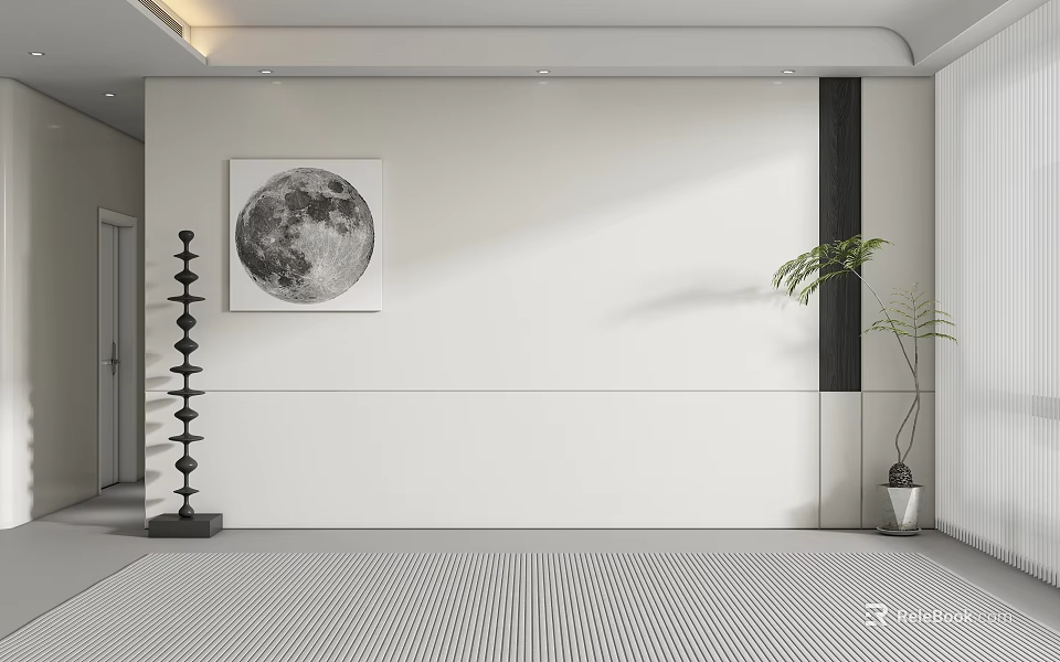 Modern Minimalist White Background Wall With Moon Painting Black Decorative Shelf And Green Plant 3d model 