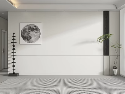 Modern Minimalist White Background Wall With Moon Painting Black Decorative Shelf And Green Plant 3d model