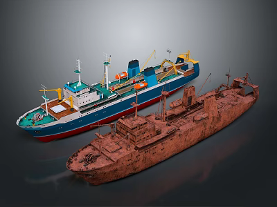 Modern And Old Rusty Water Transport Vessels With Contrasting Colors And Features 3d model