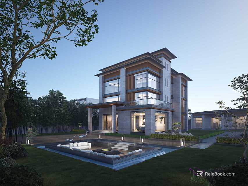 Modern Detached Villa Exterior With Two Story Structure Large Glass Windows And Lush Garden 3d model 