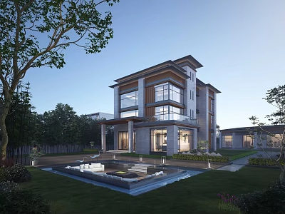 Modern Detached Villa Exterior With Two Story Structure Large Glass Windows And Lush Garden 3d model