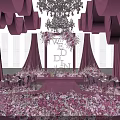 Elegant Banquet Hall with Purple Curtains Chandeliers Pink Runway and Floral Decorations