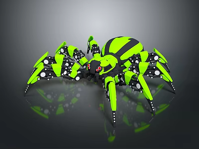 Game Movie Character Spider Robot With Green And Black Multiple Legs White Dots Red Eyes 3d model