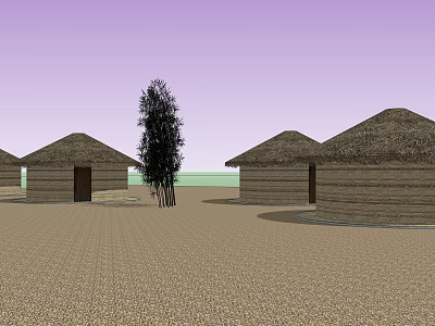 Traditional Round Thatched Roof Huts With Central Tree On Sandy Ground Purple Sky And Water 3d model