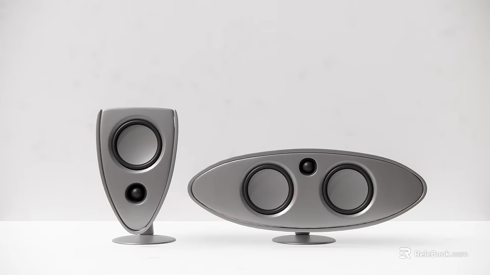 Silver Contemporary Speakers With Triangular Base Single Speaker And Oval Base Dual Speakers Design 3d model 