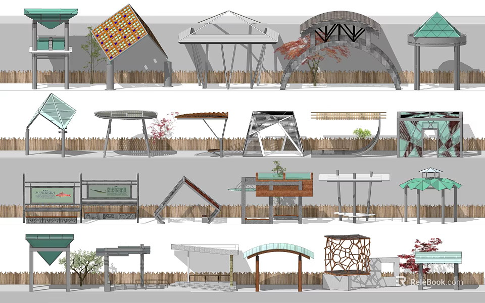 Various Outdoor Pavilion Designs With Geometric Shapes Wooden And Metal Structures 3d model 