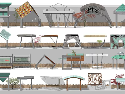 Various Outdoor Pavilion Designs With Geometric Shapes Wooden And Metal Structures 3d model