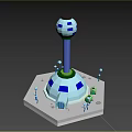 Industrial Equipment Tower Structure With Blue White Spherical Top Hexagonal Base And Figures On Base