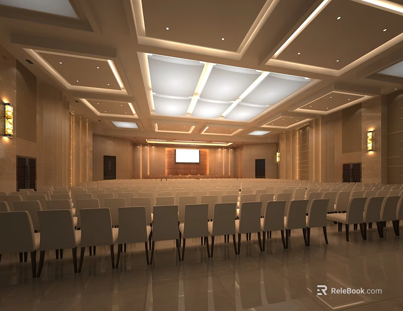 Modern Conference Room Interior With Arranged Chairs Front Screen And Ceiling Lighting Design 3d model 