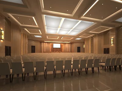 Modern Conference Room Interior With Arranged Chairs Front Screen And Ceiling Lighting Design 3d model