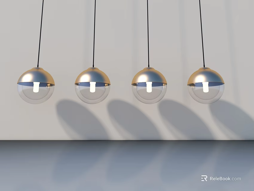 Modern Hinged Door Design With Silver Spherical Hanging Lamps And Wall Shadows 3d model