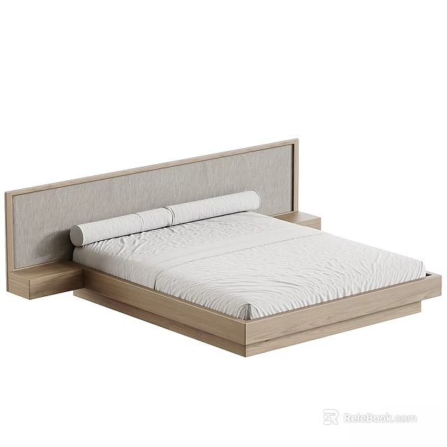 Modern Minimalist Double Bed Design With Upholstered Headboard Wooden Frame And White Mattress 3d model 