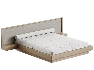 Modern Minimalist Double Bed Design With Upholstered Headboard Wooden Frame And White Mattress 3d model