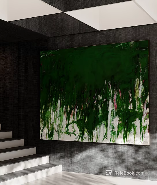 Abstract Green White Oil Painting With Dripping Brush Strokes Red Pink Accents On Dark Wall 3d model 