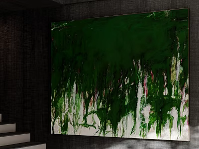Abstract Green White Oil Painting With Dripping Brush Strokes Red Pink Accents On Dark Wall 3d model