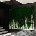 Abstract Green White Oil Painting With Dripping Brush Strokes Red Pink Accents On Dark Wall