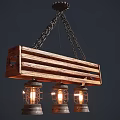 Vintage Industrial Chandelier Featuring Wooden Beam And Metal Cage Shades With Multiple Lit Bulbs