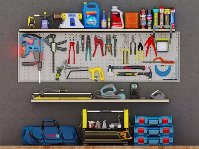 Organized Hardware Tools Collection With Drill Pliers Saw And Storage Solutions On Pegboard Shelves 3d model