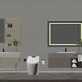 Elegant Bathroom Interior With Lighted Mirror Vanity Cabinets And Folded Towels