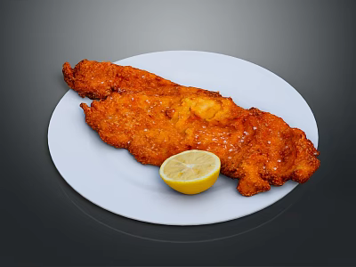 Crispy Golden Fried Chicken Breast Served With Lemon Wedge On White Plate 3d model