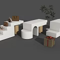 White Modern Display Shelves with Wooden Legs Gift Box and Green Plant Decor